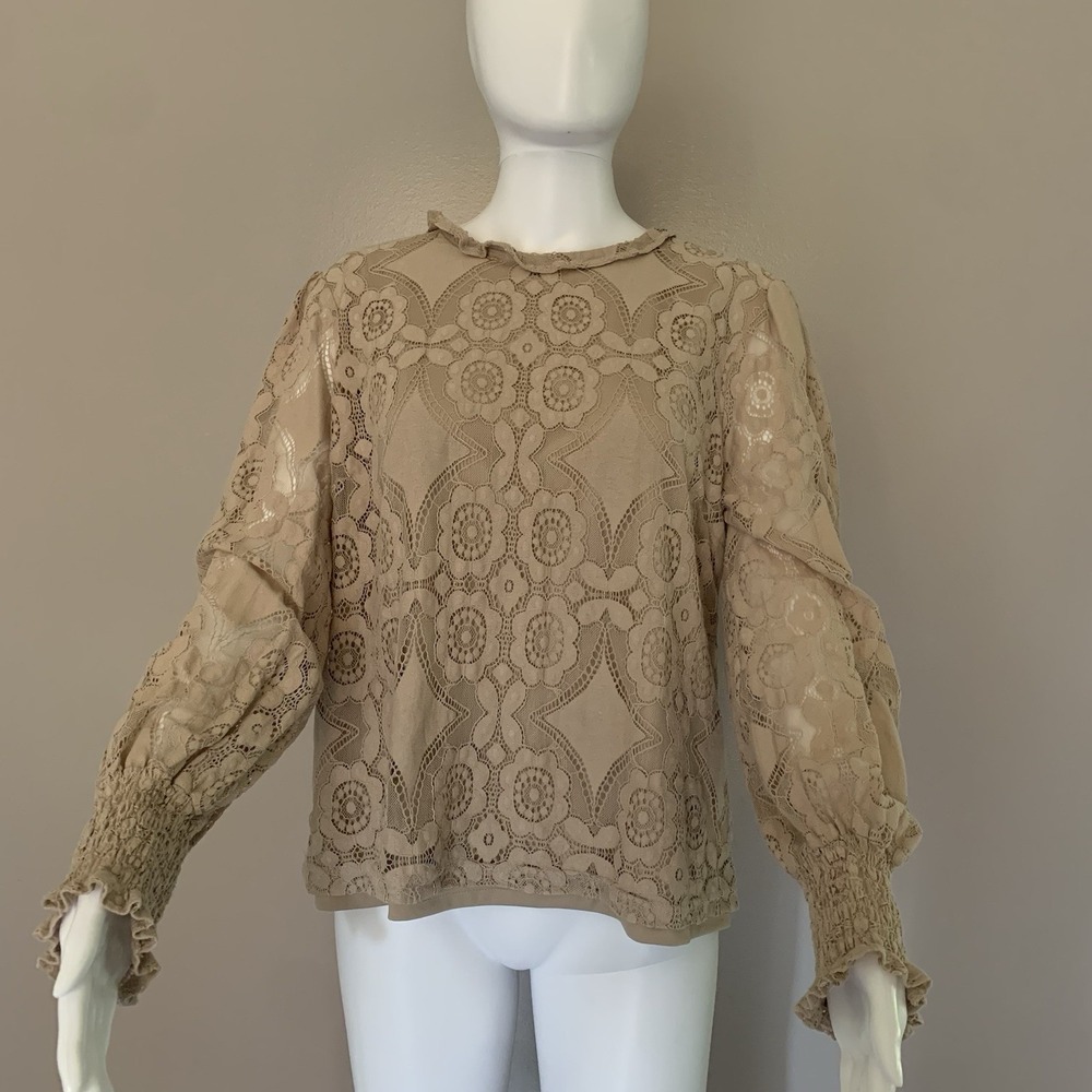 ULTRA PINK‎ Cute Floral Lace Beige Top Smocked Long Sheer Sleeve Mock Blouse L - Picture 4 of 16